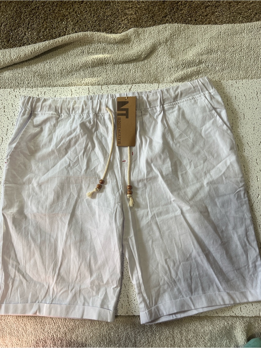 Men's White Flat-Front Casual Drawstring Shorts